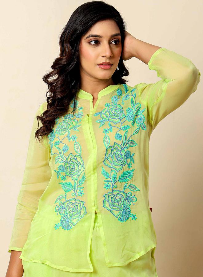 KASYA Green Embroidered Organza Co-Ord Set - Image 4